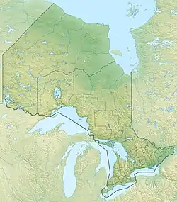 Mapa konturowa Ontario, na dole po prawej znajduje się punkt z opisem „miejsce bitwy”