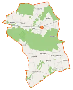 Mapa konturowa gminy Cegłów, po lewej nieco u góry znajduje się punkt z opisem „Wólka Wiciejowska”