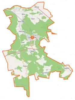 Mapa konturowa gminy Celestynów, u góry nieco na prawo znajduje się punkt z opisem „Północna Stacja Obserwacyjna Obserwatorium Astronomicznego UW”