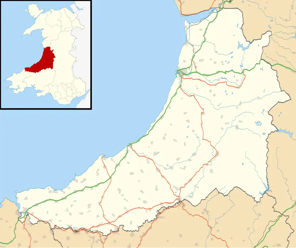 Mapa konturowa Ceredigion, na dole nieco na prawo znajduje się punkt z opisem „Lampeter”