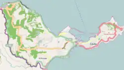 Mapa konturowa Ceuty, po prawej znajduje się punkt z opisem „miejsce bitwy”