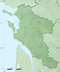 Mapa konturowa Charente-Maritime, u góry po lewej znajduje się punkt z opisem „miejsce bitwy”