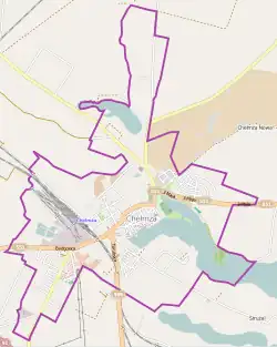 Mapa konturowa Chełmży, blisko centrum na dole znajduje się punkt z opisem „Parafia św. Mikołaja”