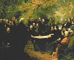 U Alphonse’a Lemerre’a, w Ville d’Avray - obraz Paula Chabasa prezentujący francuskich parnasistów; po prawej stronie stołu stoi, w krawacie, autor tego obrazu, 1895