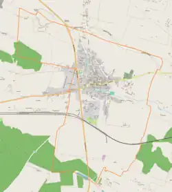 Mapa konturowa Chmielnika, w centrum znajduje się punkt z opisem „Synagoga w Chmielniku”
