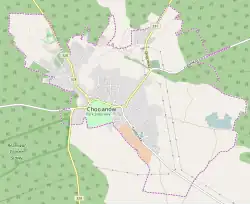 Mapa konturowa Chocianowa, w centrum znajduje się punkt z opisem „Chocianów”