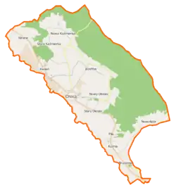 Mapa konturowa gminy Chocz, na dole nieco na prawo znajduje się punkt z opisem „Piła”