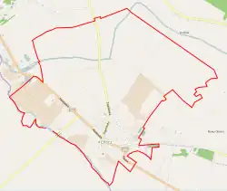 Mapa konturowa Chocza, na dole znajduje się punkt z opisem „Getto w Choczu”
