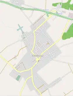 Mapa konturowa Choroszczy, w centrum znajduje się punkt z opisem „Siedziba parafii”
