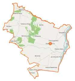 Mapa konturowa gminy Chotcza, na dole po prawej znajduje się punkt z opisem „Jarentowskie Pole”