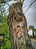 Rzeźba Chrystusa Frasobliwego umieszczona we wnęce w drzewie obok Kuźni Kurpiowskiej w Pniewie (Kurpie Białe)