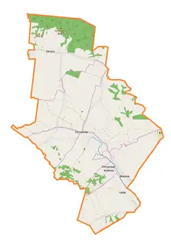 Mapa konturowa gminy Chrzanów, w centrum znajduje się punkt z opisem „Parafia pw. św. Jacka”
