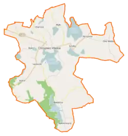 Mapa konturowa gminy Chrzypsko Wielkie, u góry nieco na lewo znajduje się punkt z opisem „Charcice”