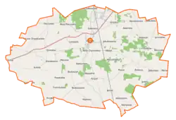 Mapa konturowa gminy Chynów, u góry nieco na lewo znajduje się punkt z opisem „Wola Pieczyska”