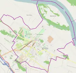 Mapa konturowa Ciechocinka, blisko centrum na lewo u góry znajduje się punkt z opisem „Ciechocinek”