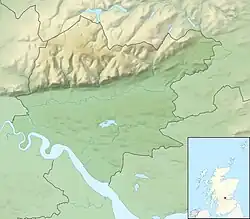 Mapa konturowa Clackmannanshire, u góry po lewej znajduje się punkt z opisem „źródło”, natomiast po lewej nieco na dole znajduje się punkt z opisem „ujście”