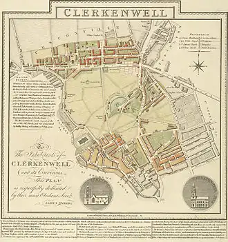 Mapa parafii Clerkenwell z 1805 roku; nowo powstałe Pentonville widoczne w górnej (północnej) części mapy