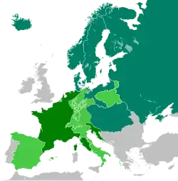 Mapa Europy. Zasięg blokady kontynentalnej w 1810 roku. Blokada obejmowała cały kontynent oprócz Portugalii i Imperium Osmańskiego.