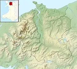 Mapa konturowa Conwy, na dole znajduje się punkt z opisem „źródło”, natomiast u góry znajduje się punkt z opisem „ujście”