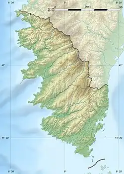 Mapa konturowa Korsyki Południowej, u góry po lewej znajduje się punkt z opisem „Calanques de Piana”