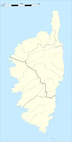 Mapa konturowa Korsyki, blisko centrum na lewo u góry znajduje się punkt z opisem „Montegrosso”