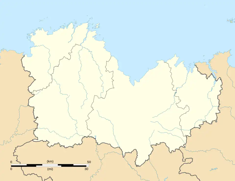 Mapa konturowa Côtes-d’Armor, blisko centrum na lewo znajduje się punkt z opisem „Guingamp”