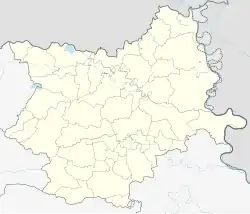 Mapa konturowa żupanii osijecko-barańskiej, w centrum znajduje się punkt z opisem „Bizovac”