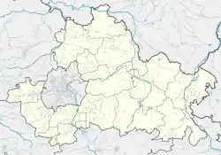 Mapa konturowa powiatu częstochowskiego, po prawej nieco na dole znajduje się punkt z opisem „Koniecpol”