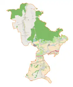 Mapa konturowa gminy Czarna, u góry nieco na lewo znajduje się punkt z opisem „ParafiaNawiedzenia Najświętszej Maryi Pannyw Medyni Głogowskiej”