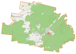 Mapa konturowa gminy Czarna Białostocka, po lewej nieco na dole znajduje się punkt z opisem „Karczmisko”