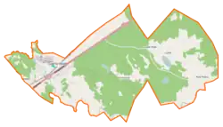 Mapa konturowa gminy Czarna Woda, po lewej znajduje się punkt z opisem „Parafia MB Częstochowskiej”