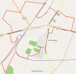 Mapa konturowa Czempinia, u góry po prawej znajduje się punkt z opisem „Cmentarz parafialny w&nbsp;Czempiniu”