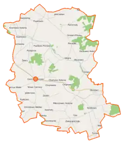 Mapa konturowa gminy Czernice Borowe, po lewej znajduje się punkt z opisem „Czernice Borowe”