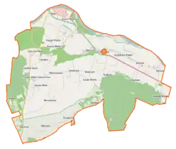 Mapa konturowa gminy Czosnów, po lewej znajduje się punkt z opisem „Cybulice”