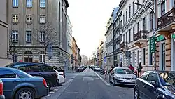 Widok na zachód na wysokości skrzyżowania z ulicą Skarbową