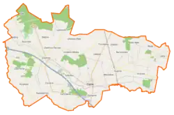 Mapa konturowa gminy Dąbie, u góry po lewej znajduje się punkt z opisem „Las Rzuchowski”