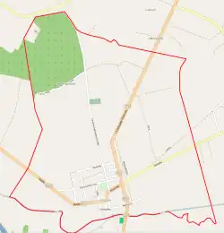 Mapa konturowa Dąbia, na dole znajduje się punkt z opisem „Getto w Dąbiu”