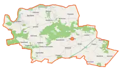 Mapa konturowa gminy Dąbrówka, blisko centrum na lewo u góry znajduje się punkt z opisem „Parafia Miłosierdzia Bożego”