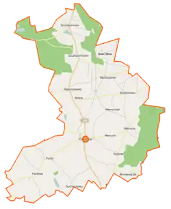 Mapa konturowa gminy Dąbrowa, na dole znajduje się punkt z opisem „Sucharzewo”