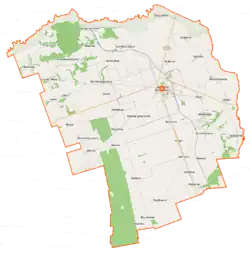 Mapa konturowa gminy Dąbrowa Białostocka, na dole nieco na prawo znajduje się punkt z opisem „Reszkowce”