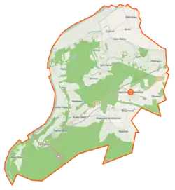 Mapa konturowa gminy Dąbrowa Chełmińska, po prawej znajduje się punkt z opisem „Linje”