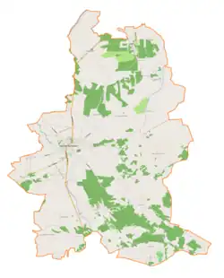 Mapa konturowa gminy Dąbrowa Tarnowska, blisko centrum na lewo znajduje się punkt z opisem „Ruda-Zazamcze”