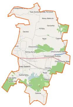 Mapa konturowa gminy Dębe Wielkie, na dole nieco na lewo znajduje się punkt z opisem „Teresław”