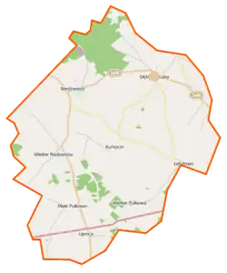 Mapa konturowa gminy Dębowa Łąka, na dole znajduje się punkt z opisem „Wielkie Pułkowo”