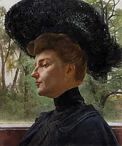 Portret damy w czarnym kapeluszuj, olej na płótnie, Muzeum w Kielcach MNKi/M/1896