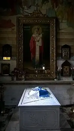 Dawny sarkofag  Grzegorza V oraz jego ikona w cerkwi Św. Trójcy w Odessie