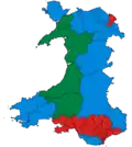 Wyniki wyborów parlamentarnych w 2019 roku w Walii (dwa i pół miesiąca przed brexitem), kolorem czerwonym zaznaczono jednomandatowe okręgi wyborcze, w których zwyciężyła Partia Pracy, niebieskim – Partia Konserwatywna, a zielonym – Plaid Cymru