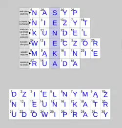 Rozwiązanie. Po przeniesieniu liter wyrazów odgadniętych w górnej części diagramu do części dolnej, powstaje pierwsza część rozwiązania „Dzielny mąż nie unika trudów pracy”, drugą część wyznaczają zaznaczone litery - „Seneka”.