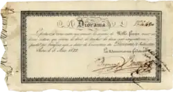 Akcja Société d'exploitation du Diorama de Paris na 1000 franków, wydana 3 sierpnia 1822 roku, podpisana w oryginale przez  Charlesa Marie Boutona i Louisa Daguerre'a