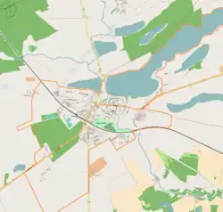 Mapa konturowa Dobiegniewa, na dole po lewej znajduje się punkt z opisem „Muzeum Oflagu II C Woldenberg”